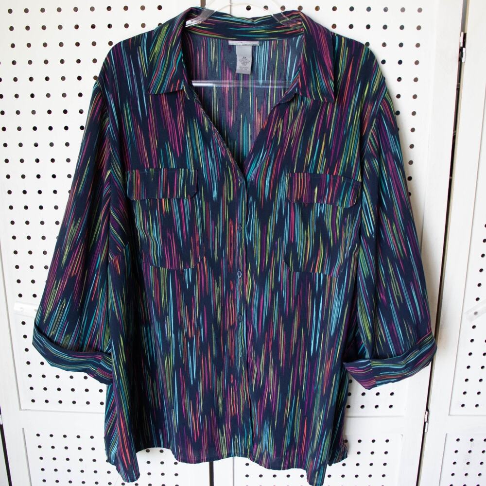Catherines Womens SIZE 2X 22 24W Blue Stripe Multicolor Button Up Shirt Top